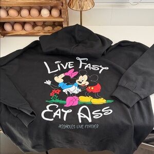 NWOT Assholes Live Forever Black Graphic Hoodie with Cartoon Characters Mickey